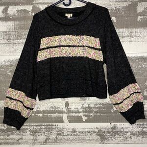 POL Black Long Sleeve Top with Pink Floral Trim